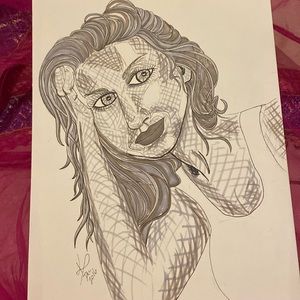 Unframed Original Art Drawing Illustration Portrait in Grey Marker Portraiture